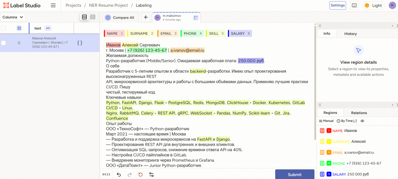 NER разметка в Label Studio